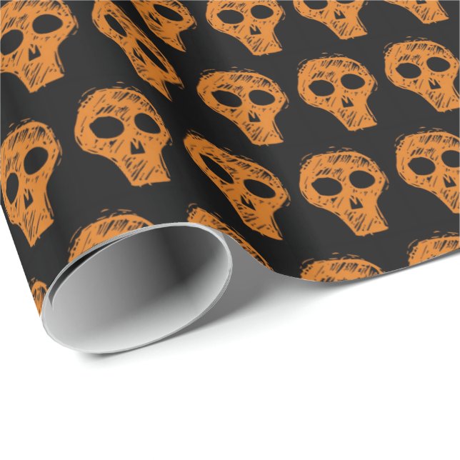 Halloween Orange Skull Pattern Schwarz Geschenkpapier (Rolleneckpunkt)