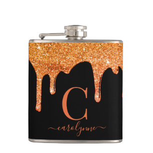 Halloween Orange Sparkle Glitzer Tropfens Monogram Flachmann