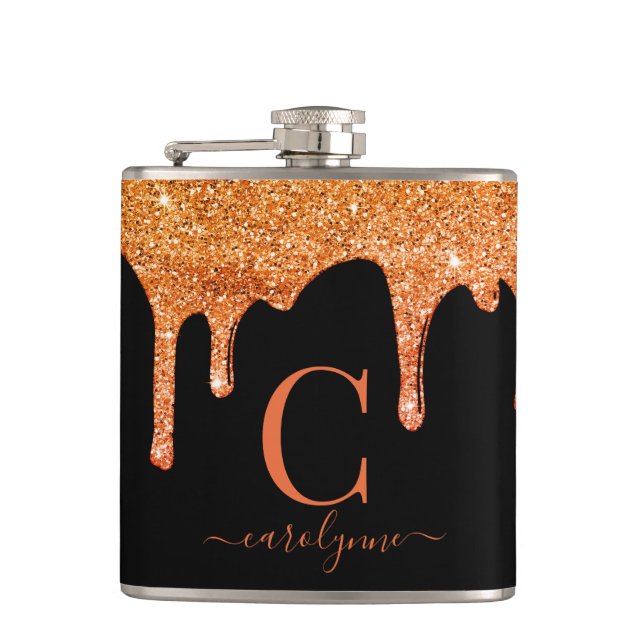 Halloween Orange Sparkle Glitzer Tropfens Monogram Flachmann (Vorderseite)