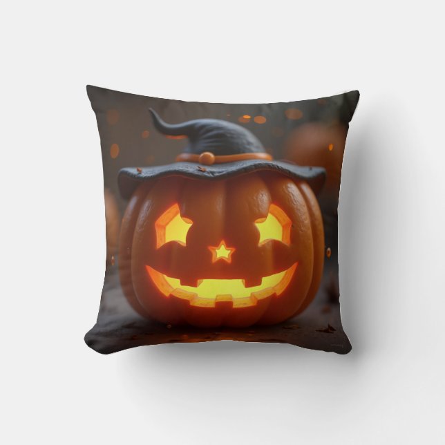 Halloween-Orangenkürbis mit Hexenhut Kissen (Vorderseite)