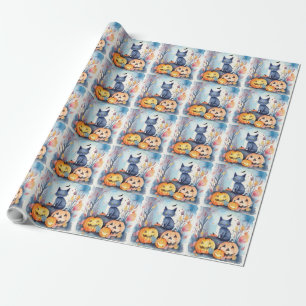 Halloween Orientalisch Blaue Katze mit Kürbissen G Geschenkpapier