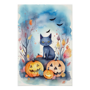 Halloween Orientalisch Blaue Katze Mit Kürbissen G Poster