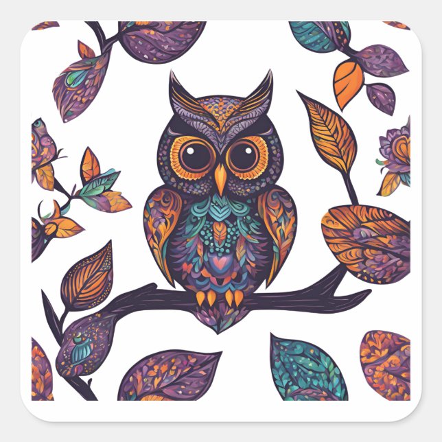 Halloween Owl Alebrije und Blätter Quadratischer Aufkleber (Vorderseite)