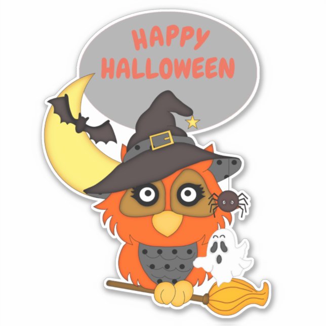 Halloween Owl auf Broom Aufkleber (Vorderseite)