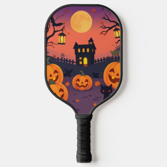Halloween-Paddle - Kürbiskins und Katzen Pickleball Schläger (Vorderseite)