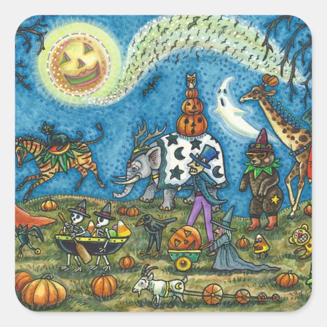 HALLOWEEN PARADE Hexe Giraffe Bear Zebra Skellies Quadratischer Aufkleber (Vorderseite)