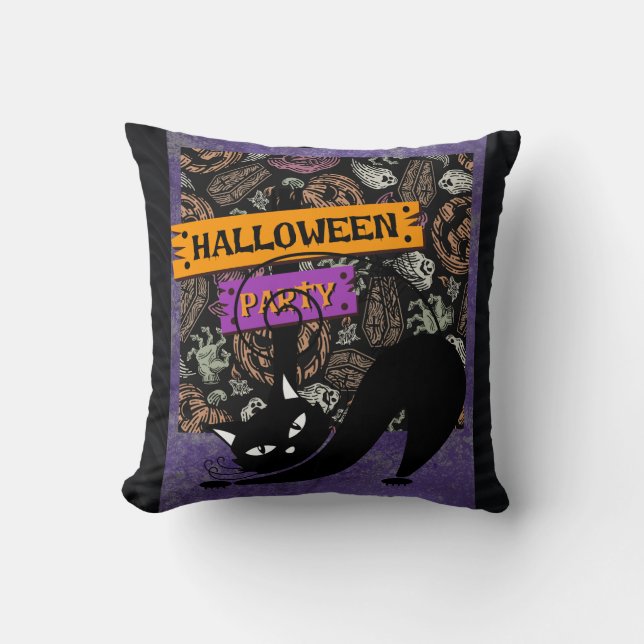Halloween Party and Black Cat , Throw Pillow Kissen (Vorderseite)