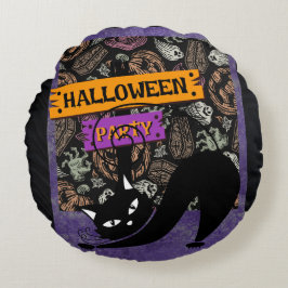 Halloween Party and Black Cat , Throw Pillow Rundes Kissen