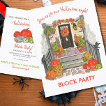 Halloween-Party Ankündigungspostkarte<br><div class="desc">Halloween Block Party Announcement Postcard Design verfügt über ein originelles Aquarellbild einer festlich spöttisch dekorierten Vorhalle. Diese Terrasse ist voll von Kürbissen, Kürbislaternen, Herbstgarten, Gespenstern und Spinnennetzen, und ist bereit, Ihren Trick oder Ihre Liebhaber zu begrüßen! Eine schlafende, graue Kätzin schnippt an der Tür zu einem absolut süßen, nicht beängstigenden...</div>