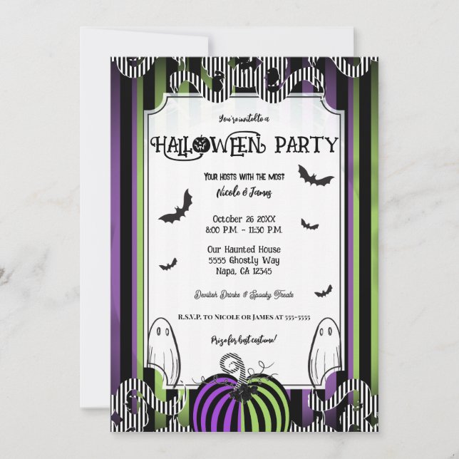 Halloween-Party aus Lila und Schwarz-weißen Streif Einladung (Vorderseite)