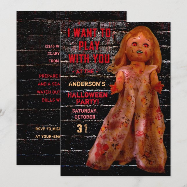 Halloween-Party Beängstigende Creepy Doll Will zu  Einladung (Vorne/Hinten)