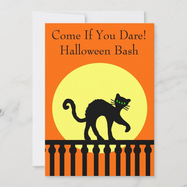 Halloween-Party Black Cat auf Zaun Moon Orange Einladung (Vorderseite)