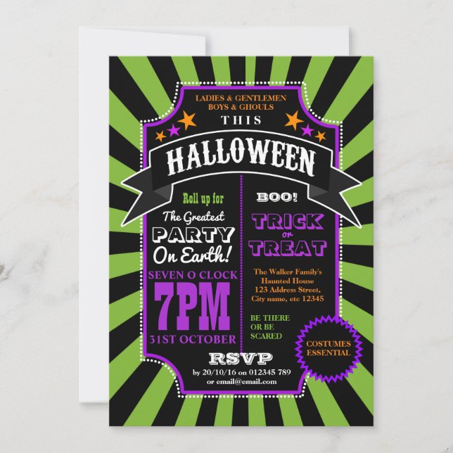 Halloween-Party Black und Green Carnival laden ein Einladung (Vorderseite)