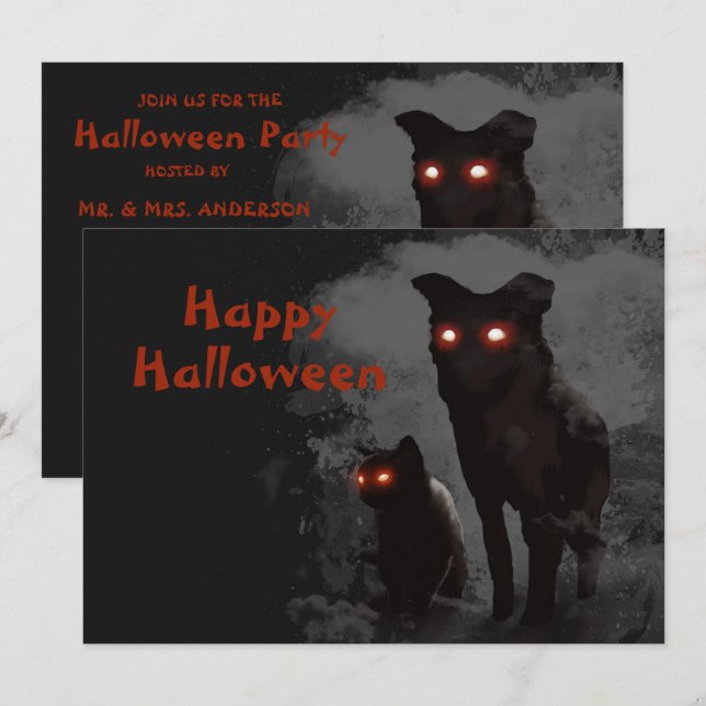 Halloween-Party böse schwarze Katze und Hund Einladung (Vorne/Hinten)