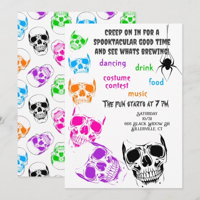 Halloween-Party Bright Skulls Einladung (Vorne/Hinten)