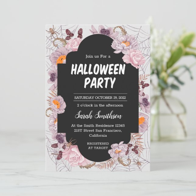 Halloween-Party der Blumenspinne Einladung (Stehend Vorderseite)