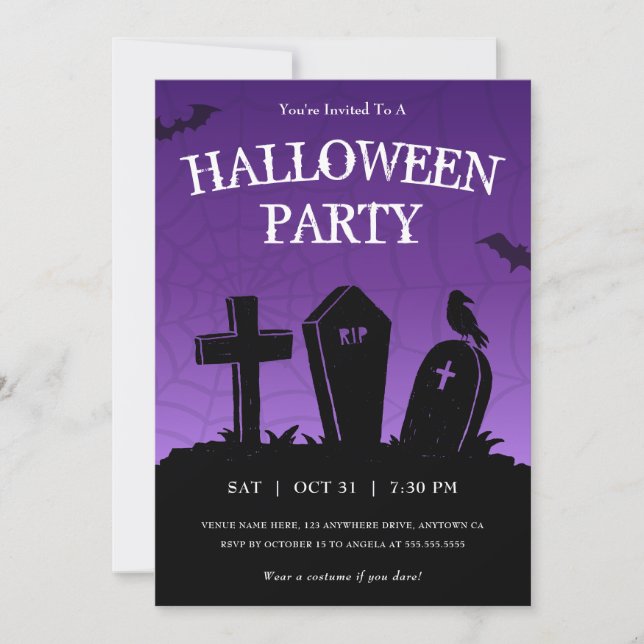Halloween-Party der Lila Friedhof-Grabstein Einladung (Vorderseite)