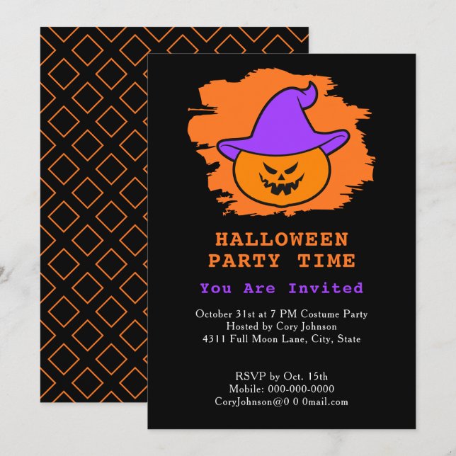 Halloween-Party Eerie Jack o' Lantern Lila Hat Einladung (Vorne/Hinten)