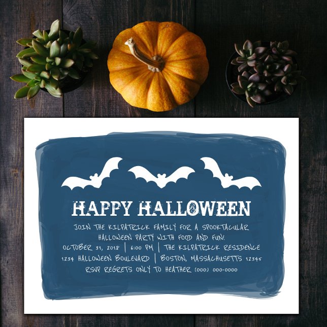 Halloween-Party Einladung (Blue and White Watercolor Bats Halloween Party Invite)