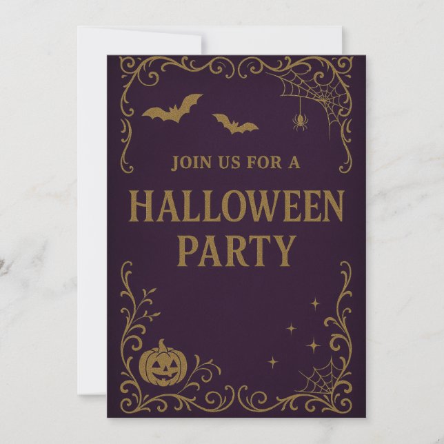 Halloween-Party-Einladung | Gothic Lila & Gold Einladung (Vorderseite)