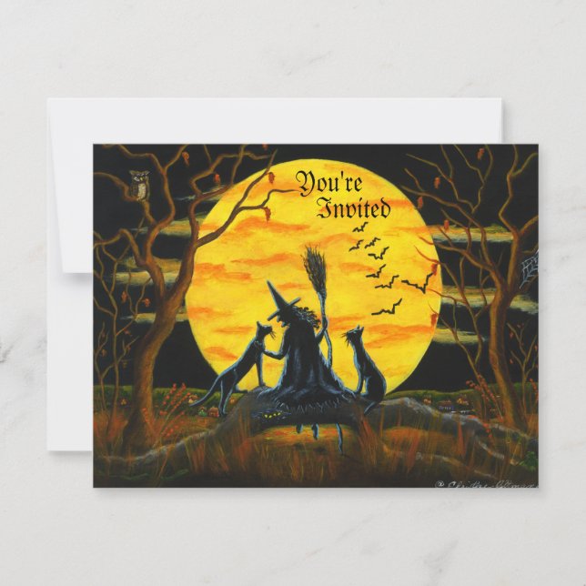 Halloween, Party, Einladung, Hexe, Schwarz, Katzen Einladung (Vorderseite)