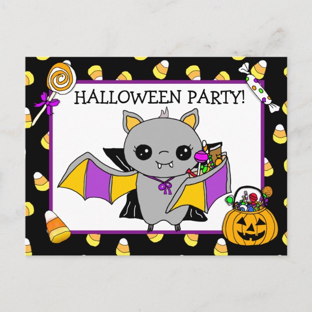 Halloween-Party Einladung mit Bat Holding Candy Postkarte (Vorderseite)