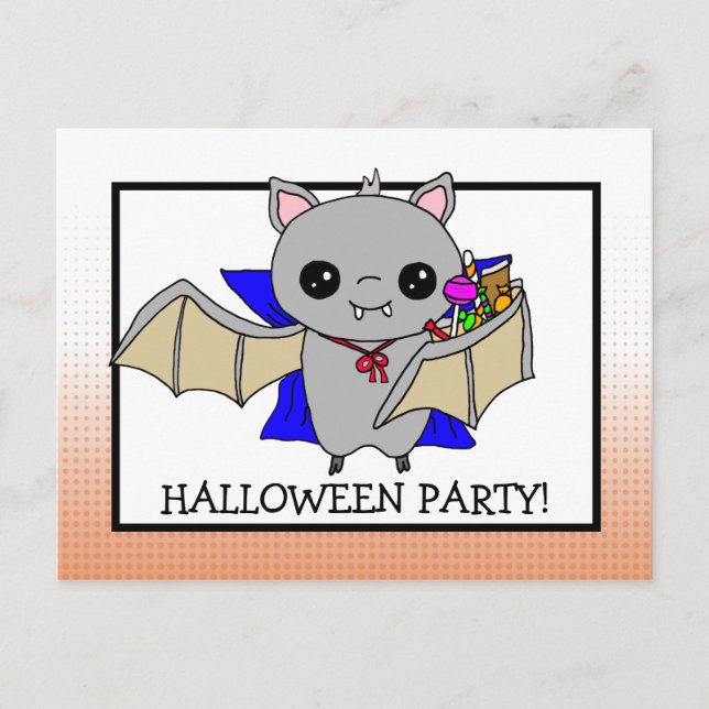 Halloween-Party Einladung mit Bat Holding Candy Postkarte (Vorderseite)