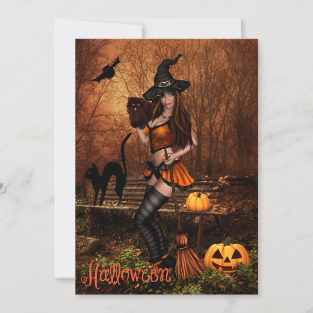 Halloween-Party Einladung mit Hexe (Vorderseite)