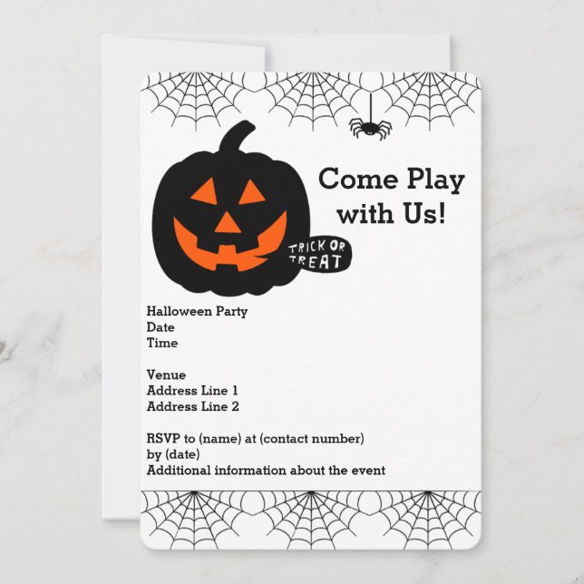 Halloween-Party Einladung mit Kürbis, Spinnennetze (Vorderseite)