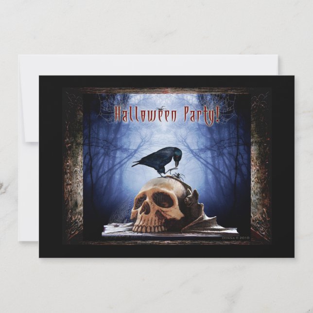 Halloween-Party-Einladung - Raven on Skull Einladung (Vorderseite)