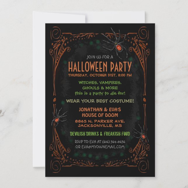 Halloween-Party-Einladung - Schwarze Orangenspinne Einladung (Vorderseite)