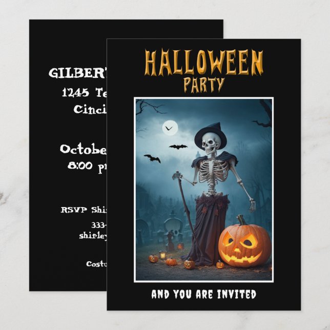 Halloween-Party Einladung Skeleton und Pumpkins (Vorne/Hinten)