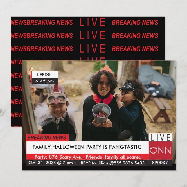 Halloween-Party Family Breaking TV News Fantastisc Einladung (Vorne/Hinten)