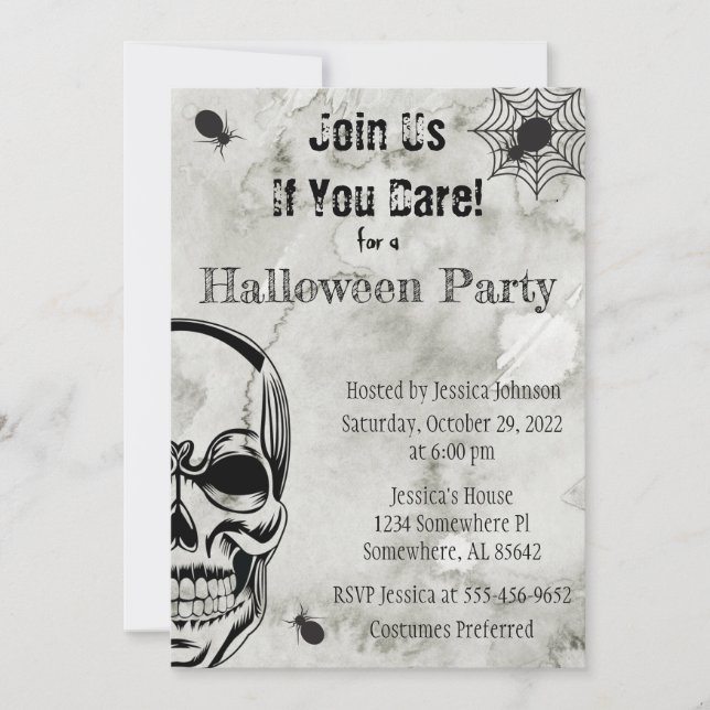 Halloween-Party für Schädel und Spinnen Einladung (Vorderseite)