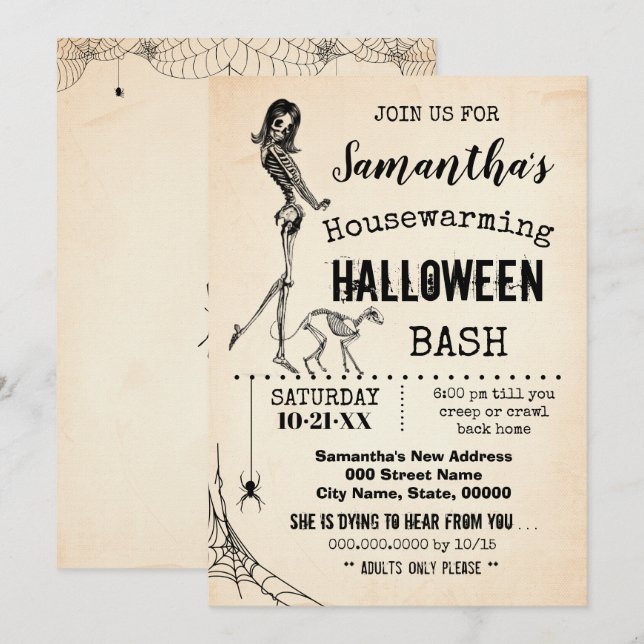 Halloween-Party Girl & Cat Skelett Einladung (Vorne/Hinten)