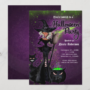 Halloween-Party Glam Hexe in Schwarz Grün Lila Einladung