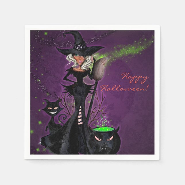 Halloween-Party Glam Hexe in Schwarz Grün Lila Serviette (Vorderseite)