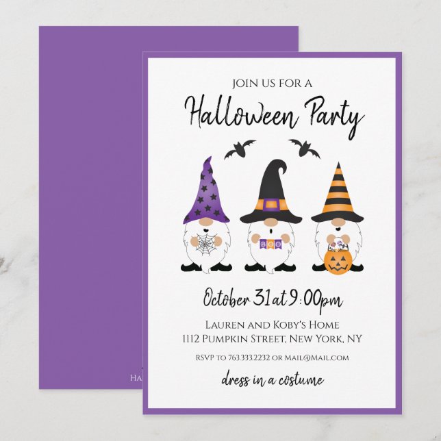 Halloween-Party Gnomes Lila Orange Einladung (Vorne/Hinten)