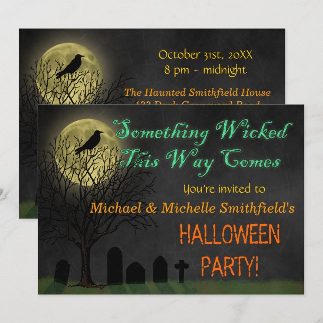 Halloween-Party| Graveyard Crow und Moon Einladung (Vorne/Hinten)