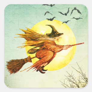Halloween-Party Hexe auf Broomstick Vollmond Quadratischer Aufkleber