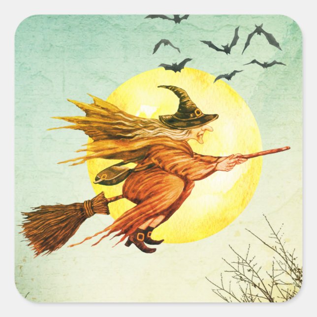 Halloween-Party Hexe auf Broomstick Vollmond Quadratischer Aufkleber (Vorderseite)