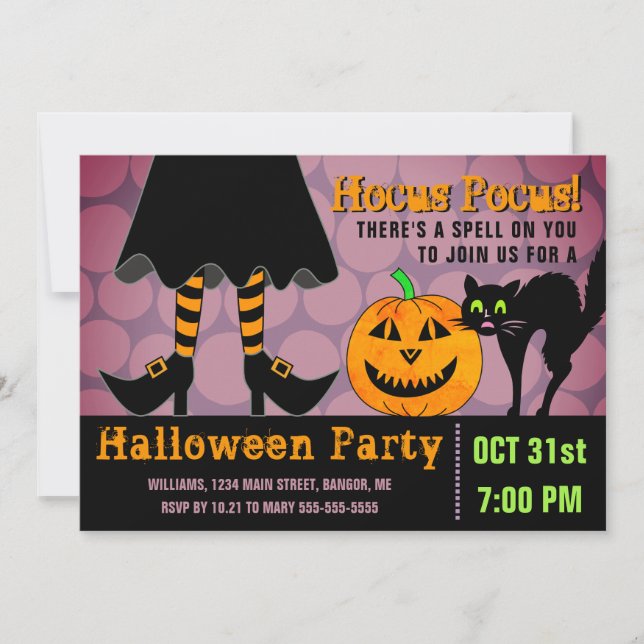 Halloween-Party-Hexe-Bein-Kürbis-Katze lustig Einladung (Vorderseite)