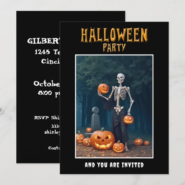 Halloween Party invitation Skeleton among Pumpkins Einladung (Vorne/Hinten)