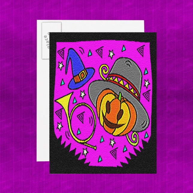 Halloween-Party Jack O'Lantern Bugle Lila Einladungspostkarte (Halloween Party, Jack o' Lantern and Bugle Pattern Postcard)