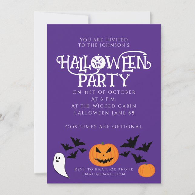 Halloween-Party Kürbis Fledermäuse auf lila Einladung (Vorderseite)