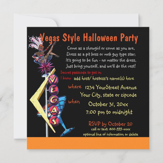 Halloween-Party Las Vegas Kostümthema Einladung (Vorderseite)