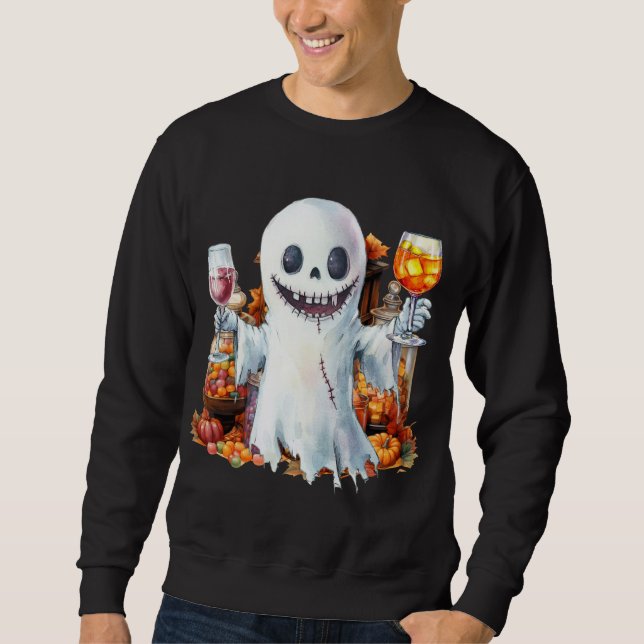 Halloween-Party mit Geist trinkt Wein Sweatshirt (Vorderseite)