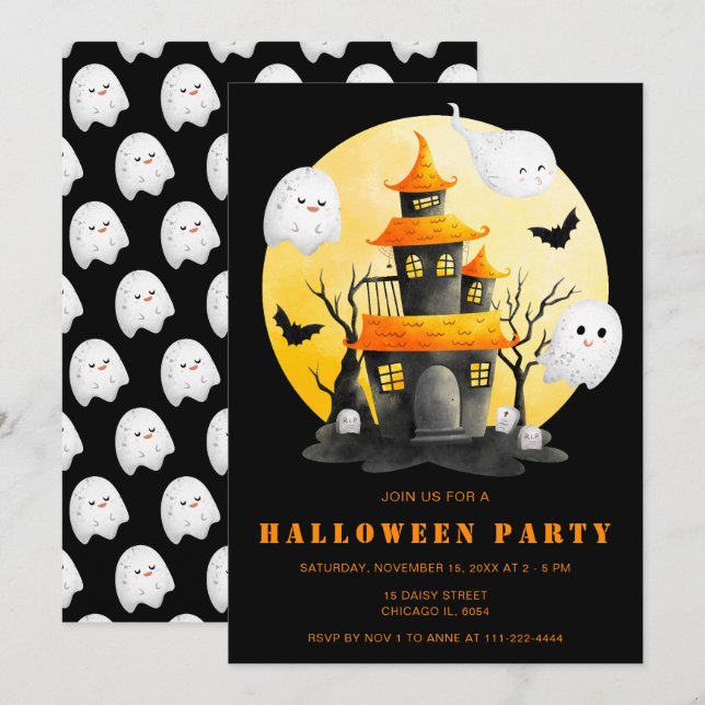 Halloween-Party mit Spuk Haus und Geistern Einladung (Vorne/Hinten)