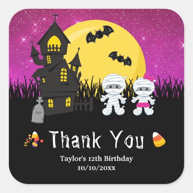 Halloween Party Mummy Pink Quadratischer Aufkleber (Vorderseite)