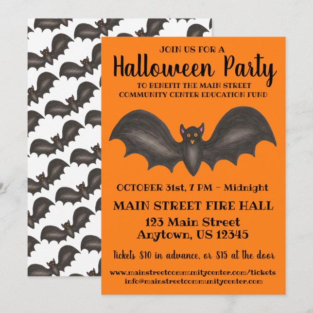 Halloween-Party Orange Black Bat Trick-oder-Lecker Einladung (Vorne/Hinten)